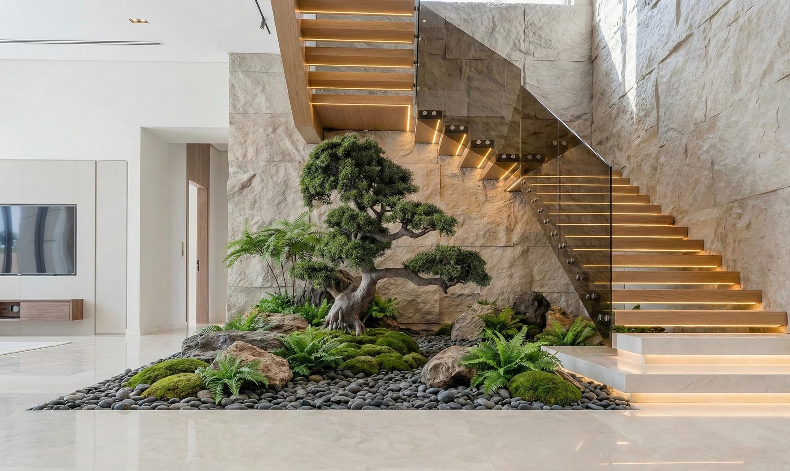 Beneath a floating stone staircase — a sculpted bonsai, ferns, moss and river pebble